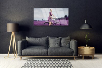 Glasbild aus Plexiglas® Frau Fahrrad Wiese Menschen