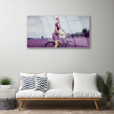 Glasbild aus Plexiglas® Frau Fahrrad Wiese Menschen