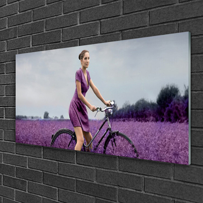 Glasbild aus Plexiglas® Frau Fahrrad Wiese Menschen