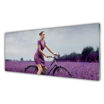 Glasbild aus Plexiglas® Frau Fahrrad Wiese Menschen