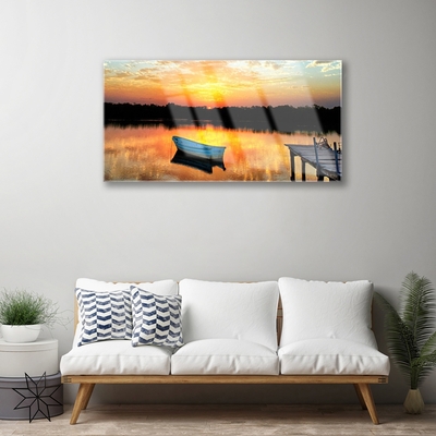 Glasbild aus Plexiglas® Boot Brücke See Landschaft