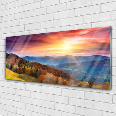 Glasbild aus Plexiglas® Gebirge Wald Gelb Landschaft