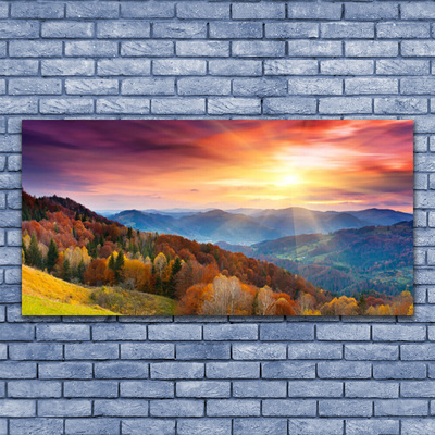 Glasbild aus Plexiglas® Gebirge Wald Gelb Landschaft