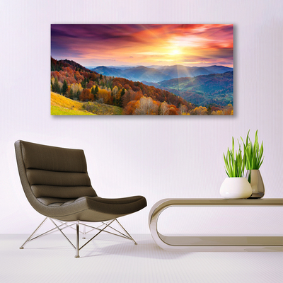 Glasbild aus Plexiglas® Gebirge Wald Gelb Landschaft