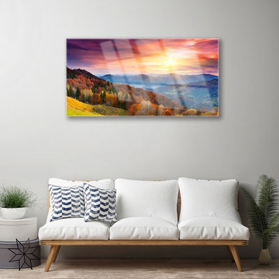 Glasbild aus Plexiglas® Gebirge Wald Gelb Landschaft
