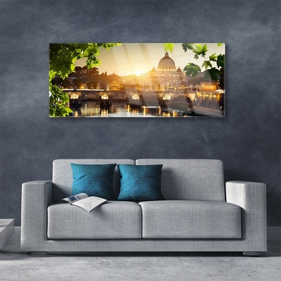 Glasbild aus Plexiglas® Brücke Stadt Blätter Architektur