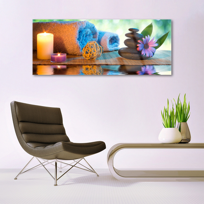 Glasbild aus Plexiglas® Kerzen Tücher Steine Blume Kunst