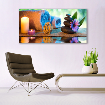 Glasbild aus Plexiglas® Kerzen Tücher Steine Blume Kunst