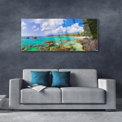 Glasbild aus Plexiglas® Meer Steine Bäume Landschaft