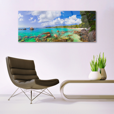Glasbild aus Plexiglas® Meer Steine Bäume Landschaft