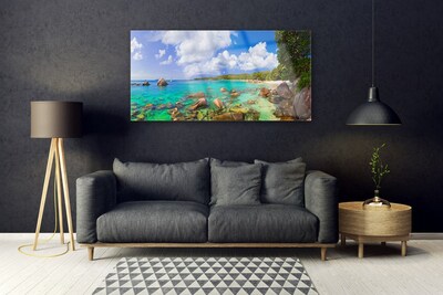 Glasbild aus Plexiglas® Meer Steine Bäume Landschaft