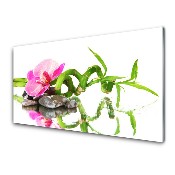 Glasbild aus Plexiglas® Bambusrohr Blume Steine Kunst