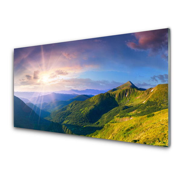 Glasbild aus Plexiglas® Gebirge Wiese Sonne Landschaft