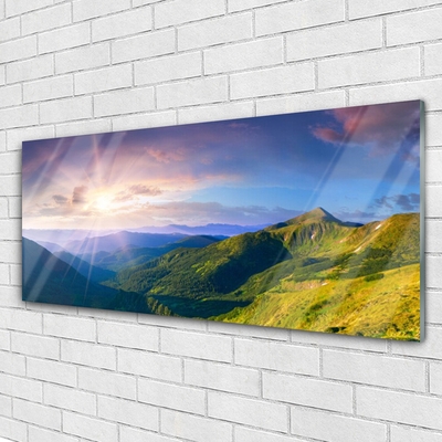 Glasbild aus Plexiglas® Gebirge Wiese Sonne Landschaft