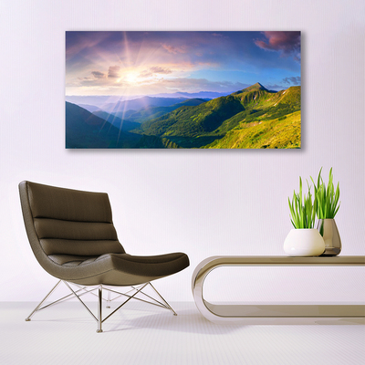 Glasbild aus Plexiglas® Gebirge Wiese Sonne Landschaft