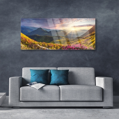 Glasbild aus Plexiglas® Gebirge Wiese Sonne Landschaft