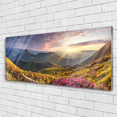 Glasbild aus Plexiglas® Gebirge Wiese Sonne Landschaft