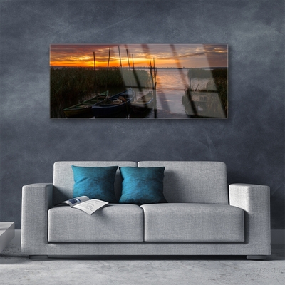 Glasbild aus Plexiglas® Boote Meer Gras Landschaft