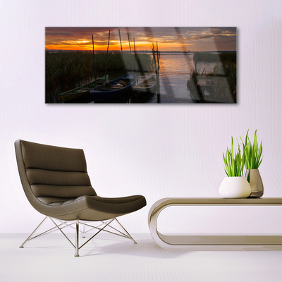 Glasbild aus Plexiglas® Boote Meer Gras Landschaft