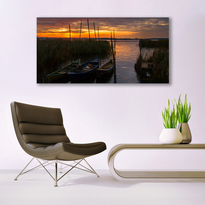 Glasbild aus Plexiglas® Boote Meer Gras Landschaft