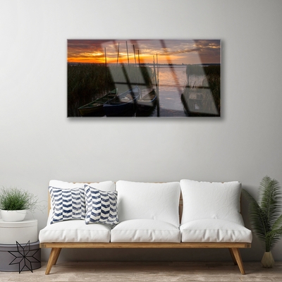 Glasbild aus Plexiglas® Boote Meer Gras Landschaft