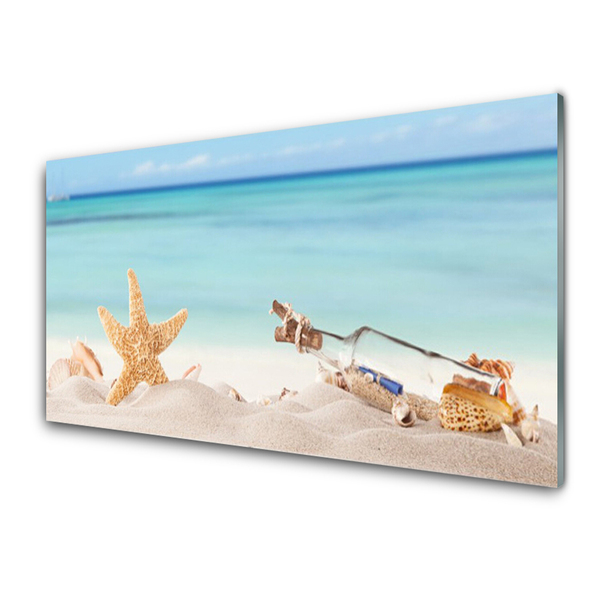 Glasbild aus Plexiglas® Sand Seestern Flaschebrife Kunst