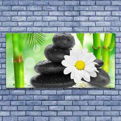 Glasbild aus Plexiglas® Bambusrohre Blume Steine Kunst