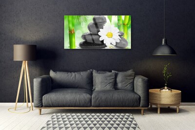 Glasbild aus Plexiglas® Bambusrohre Blume Steine Kunst