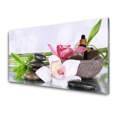 Glasbild aus Plexiglas® Bambusrohre Blume Steine Pflanzen