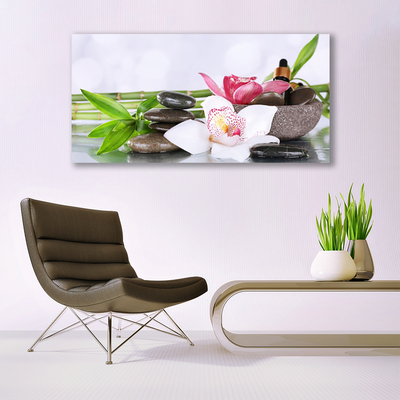 Glasbild aus Plexiglas® Bambusrohre Blume Steine Pflanzen