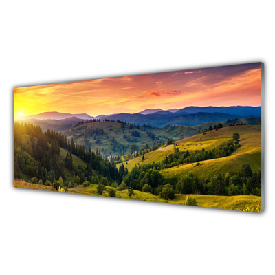 Glasbild aus Plexiglas® Sonne Gebirge Wald Wiese Natur