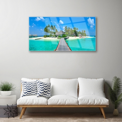 Glasbild aus Plexiglas® Strand Palmen Brücke Meer Architektur