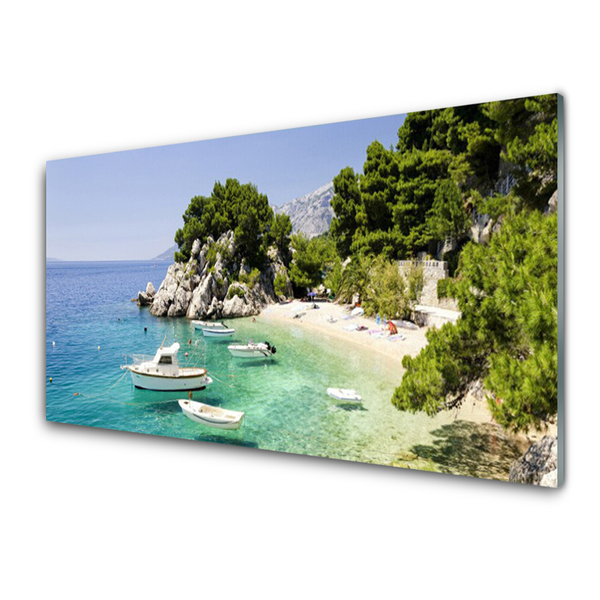 Glasbild aus Plexiglas® Meer Boot Strand Felsen Landschaft