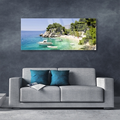 Glasbild aus Plexiglas® Meer Boot Strand Felsen Landschaft