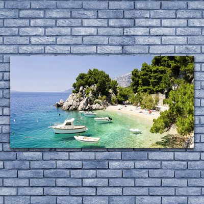 Glasbild aus Plexiglas® Meer Boot Strand Felsen Landschaft