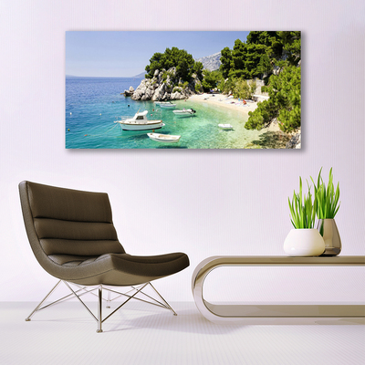 Glasbild aus Plexiglas® Meer Boot Strand Felsen Landschaft