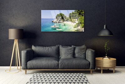 Glasbild aus Plexiglas® Meer Boot Strand Felsen Landschaft