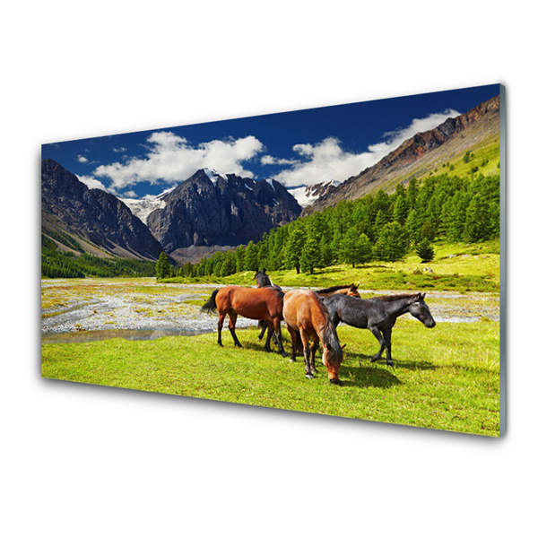 Glasbild aus Plexiglas® Gebirge Bäume Pferde Tiere