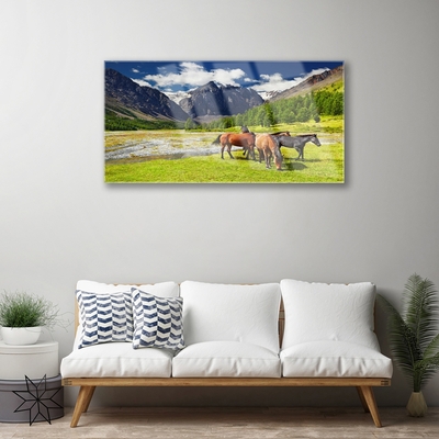 Glasbild aus Plexiglas® Gebirge Bäume Pferde Tiere