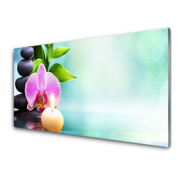 Glasbild aus Plexiglas® Bambusrohre Steine Blume Kunst