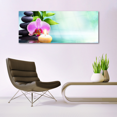 Glasbild aus Plexiglas® Bambusrohre Steine Blume Kunst