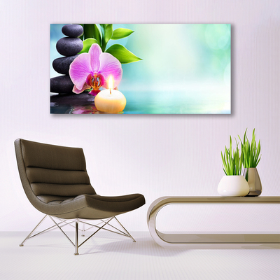 Glasbild aus Plexiglas® Bambusrohre Steine Blume Kunst