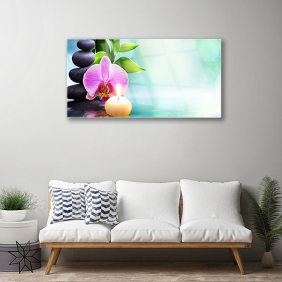 Glasbild aus Plexiglas® Bambusrohre Steine Blume Kunst