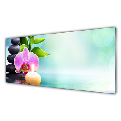 Glasbild aus Plexiglas® Bambusrohre Steine Blume Kunst