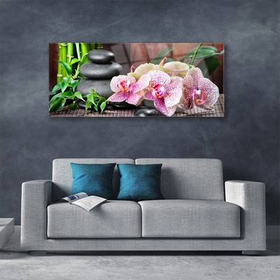 Glasbild aus Plexiglas® Bambusrohre Steine Blumen Pflanzen