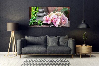 Glasbild aus Plexiglas® Bambusrohre Steine Blumen Pflanzen