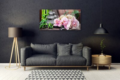 Glasbild aus Plexiglas® Bambusrohre Steine Blumen Pflanzen