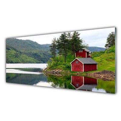 Küchenrückwand Spritzschutz Gebirge Haus Bäume See Landschaft