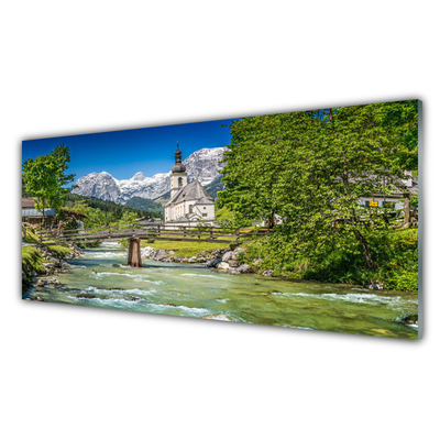 Küchenrückwand Spritzschutz Kirche Brücke See Bäume Natur