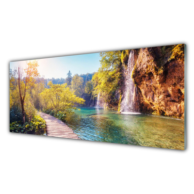 Küchenrückwand Fliesenspiegel Bäume See Felsen Brücke Landschaft